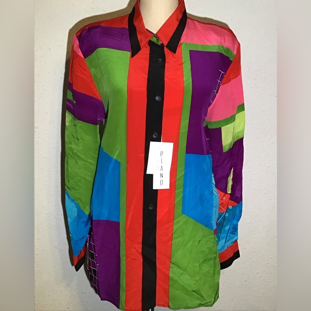 Piano vintage silk retro button up blouse size XL